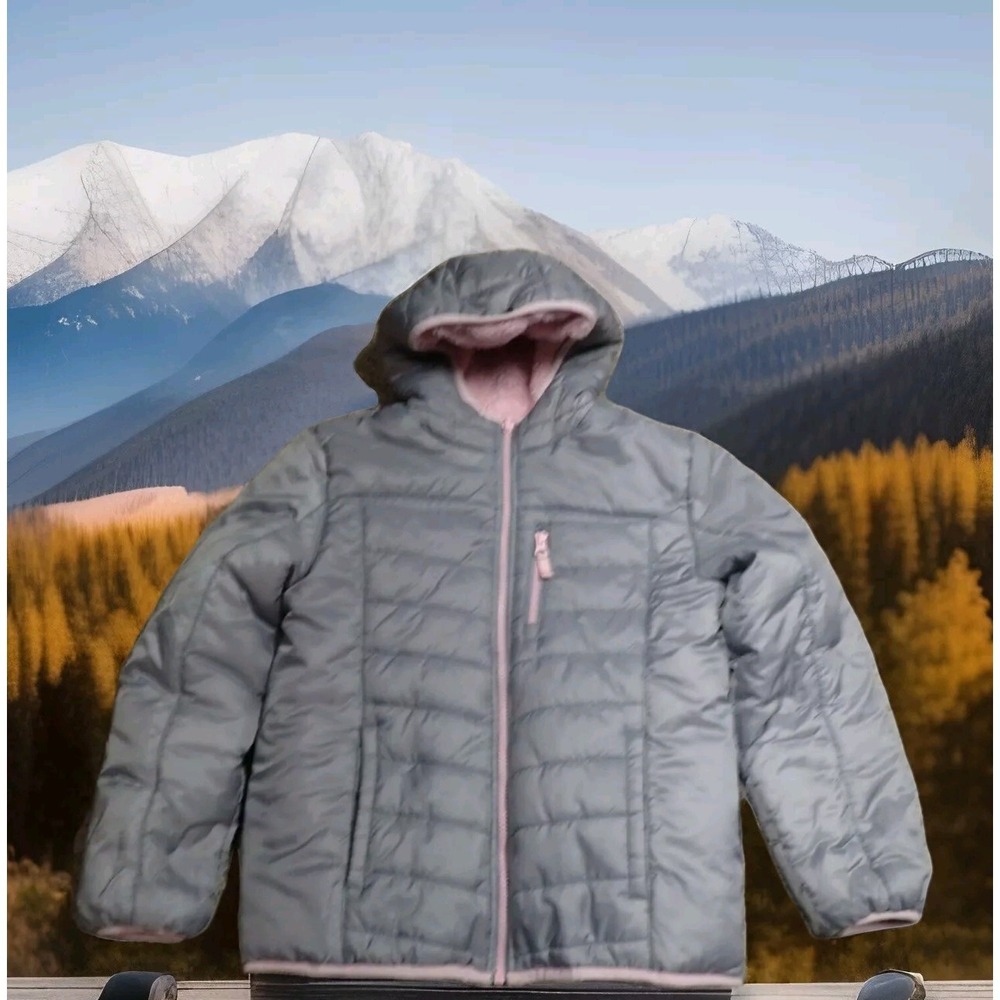 Eddie Bauer Reversible Puffer Jacket Kids M 10/12 Grey Pink Excellent Faux Fur